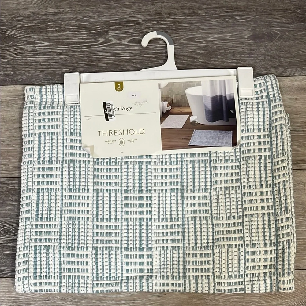 Threshold White and Blue Geometric Bath Mat